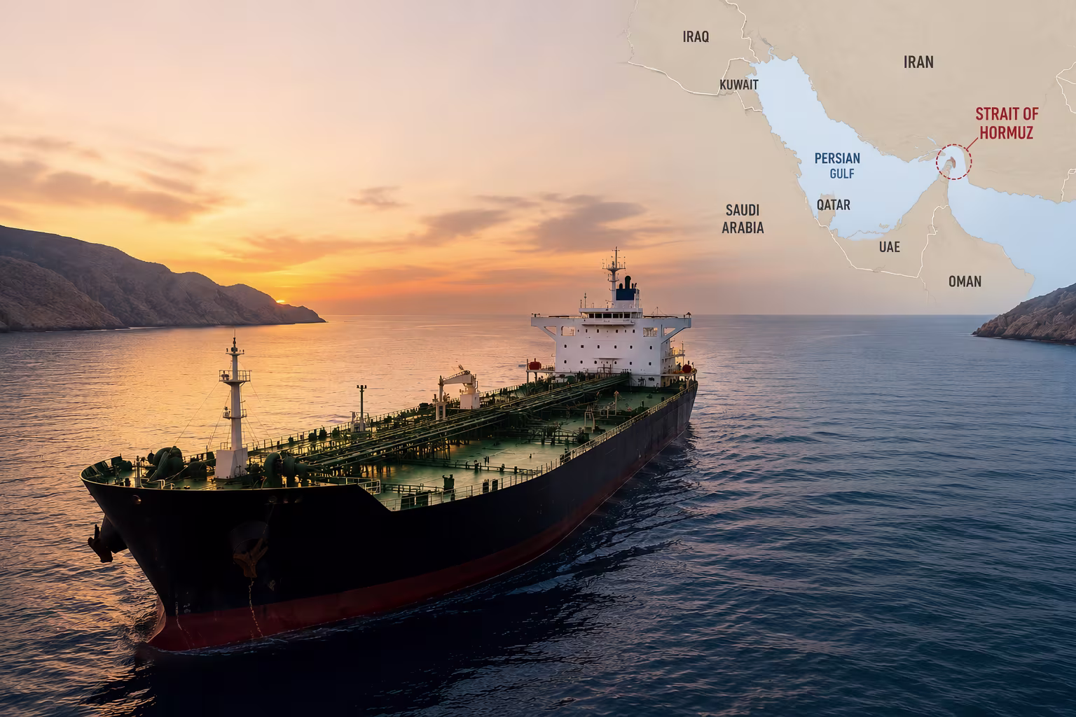 Oil tanker at sea carrying crude oil as global markets react to concerns over supply disruptions in the Strait of Hormuz.