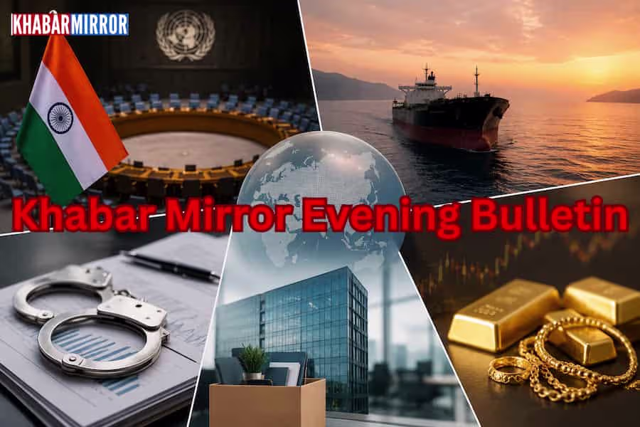 A news collage featuring an oil tanker, UN Security Council chamber, gold bars, and a corporate office representing the day's top national and international headlines.