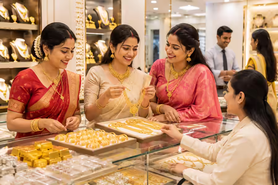 Gold Silver Prices Today displayed through gold jewellery and silver bullion at an Indian jewellery showroom.